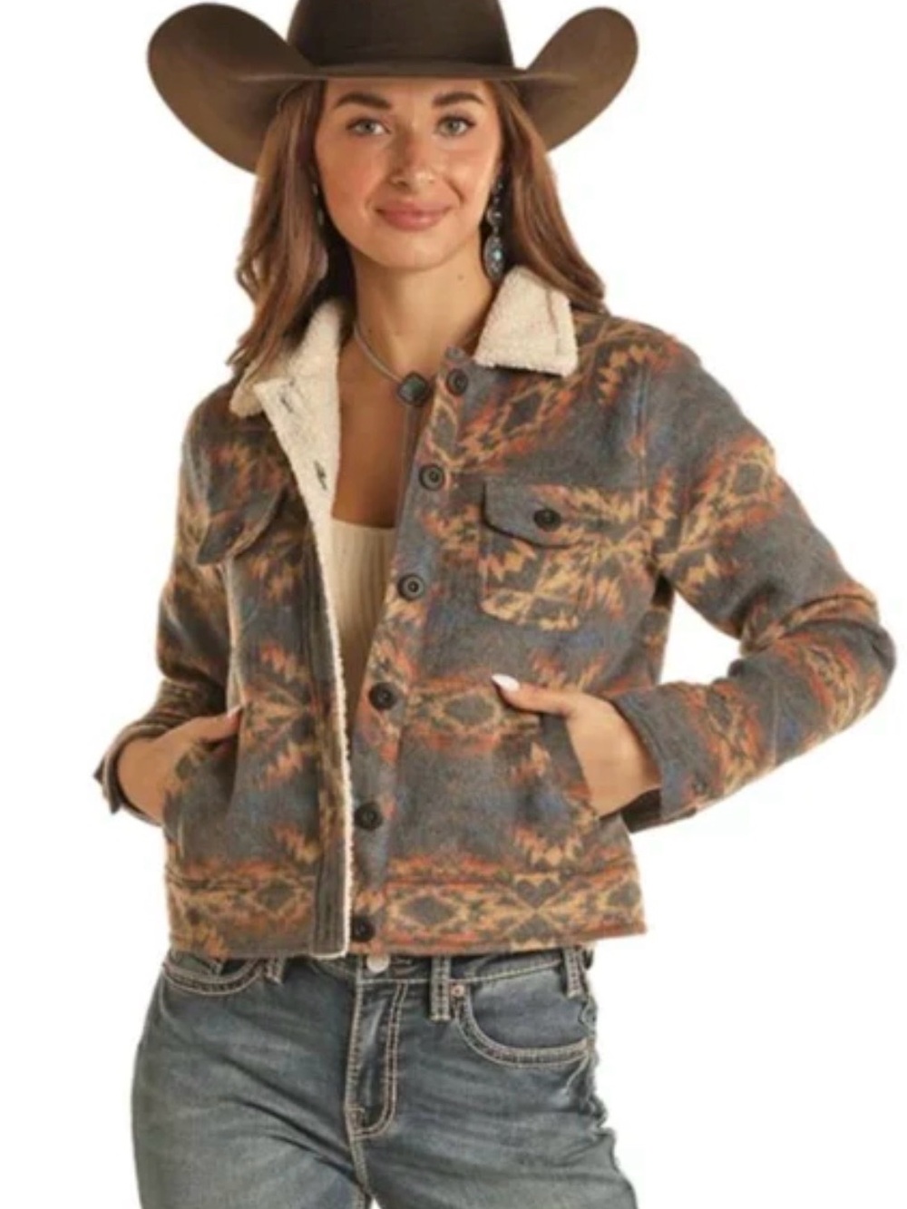 Sherpa-Lined Aztec Print Jacket - Rust/Gray